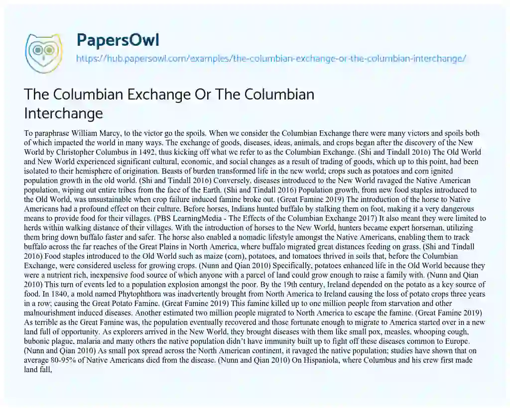 Essay on The Columbian Exchange Or The Columbian Interchange