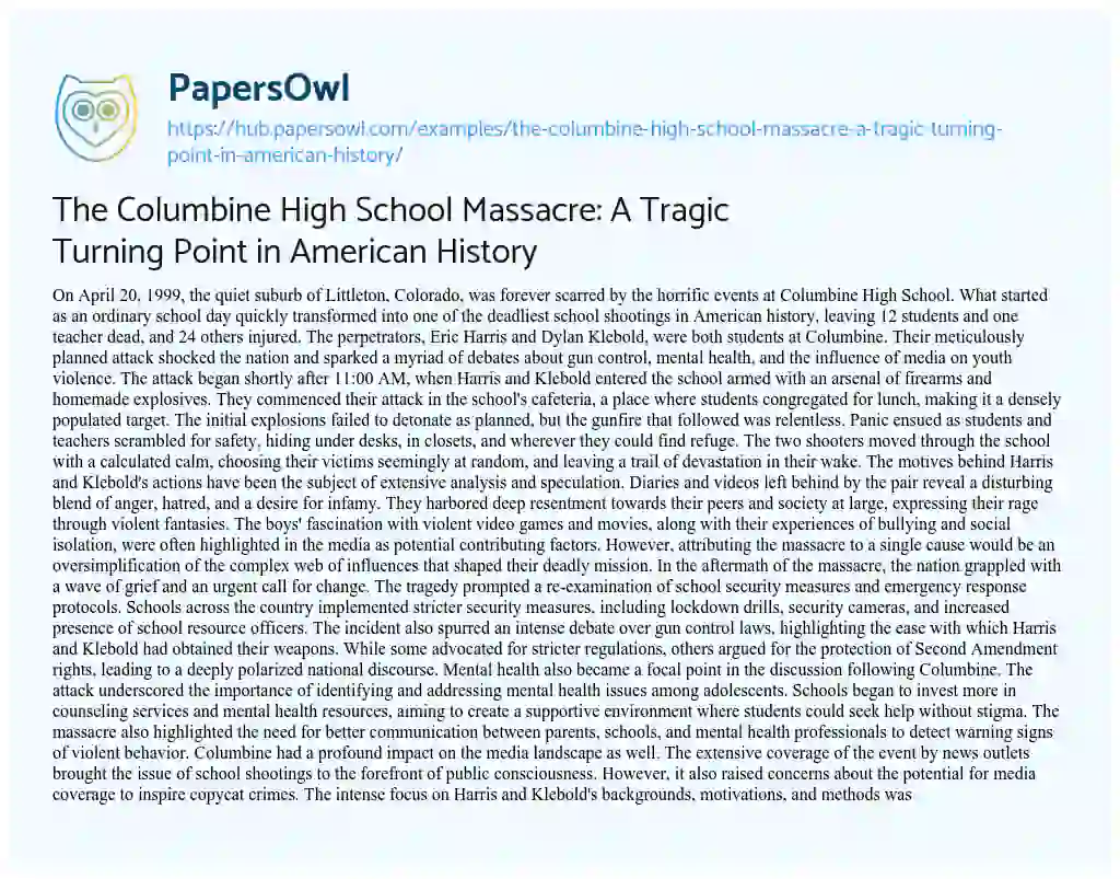 Essay on The Columbine High School Massacre: A Tragic Turning Point in American History