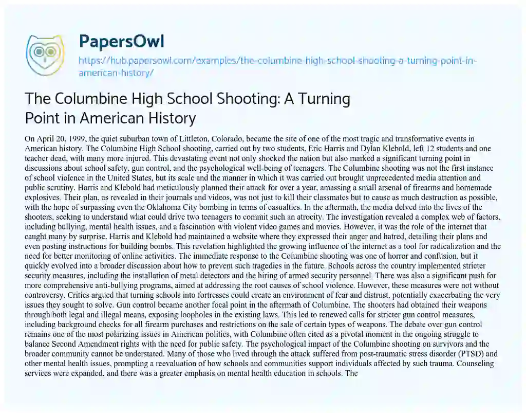 Essay on The Columbine High School Shooting: A Turning Point in American History