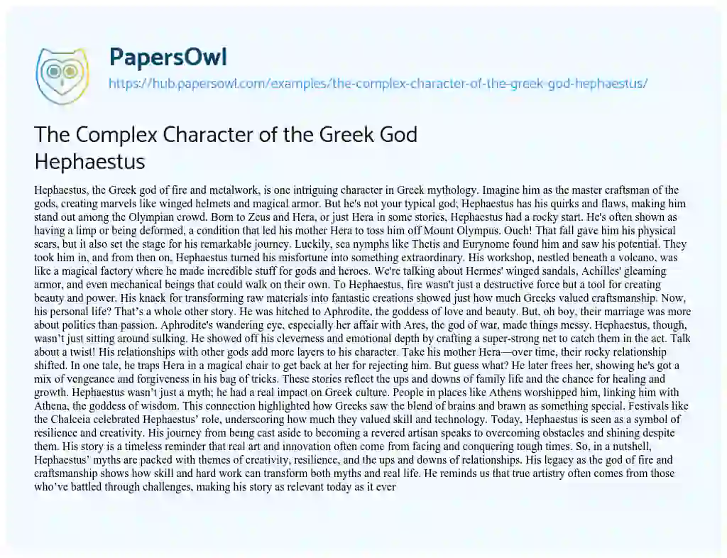 Essay on The Complex Character of the Greek God Hephaestus