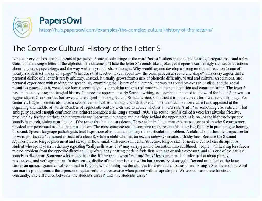 Essay on The Complex Cultural History of the Letter S