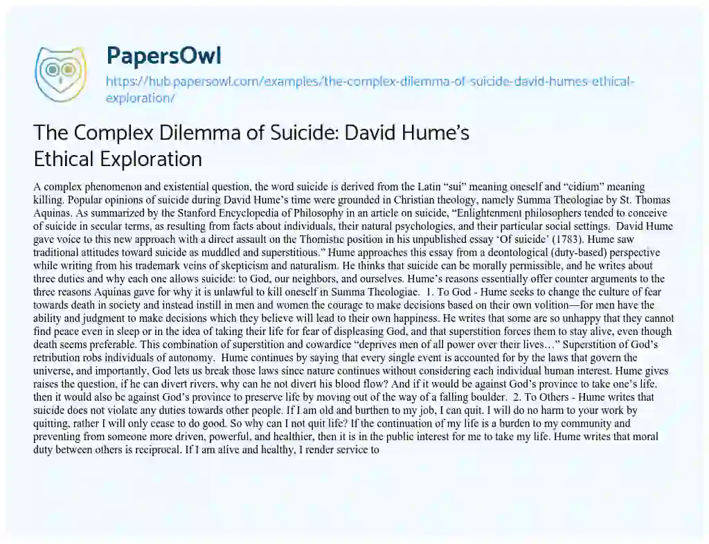 Essay on The Complex Dilemma of Suicide: David Hume’s Ethical Exploration