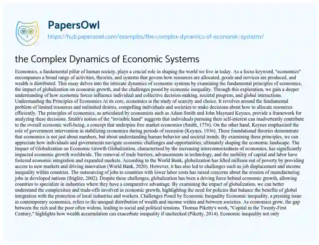 Essay on the Complex Dynamics of Economic Systems