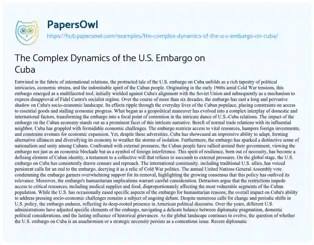 Essay on The Complex Dynamics of the U.S. Embargo on Cuba