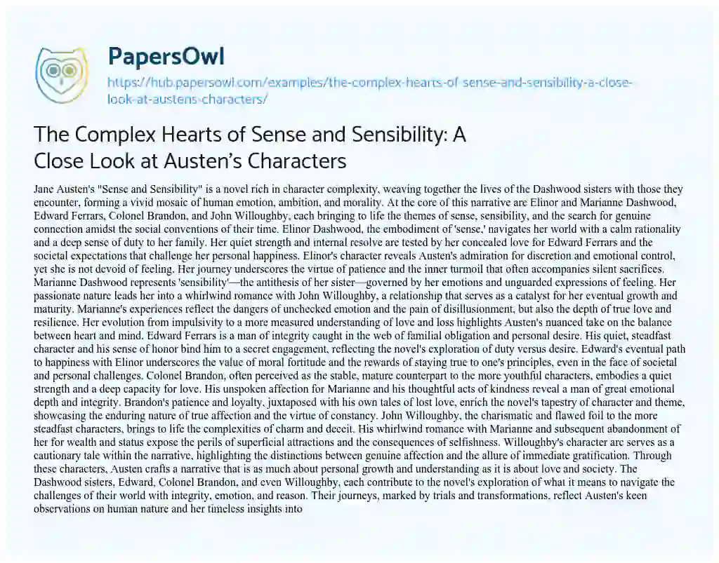 Essay on The Complex Hearts of Sense and Sensibility: A Close Look at Austen’s Characters