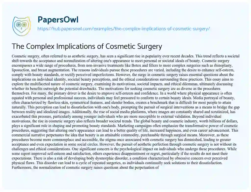 Essay on The Complex Implications of Cosmetic Surgery