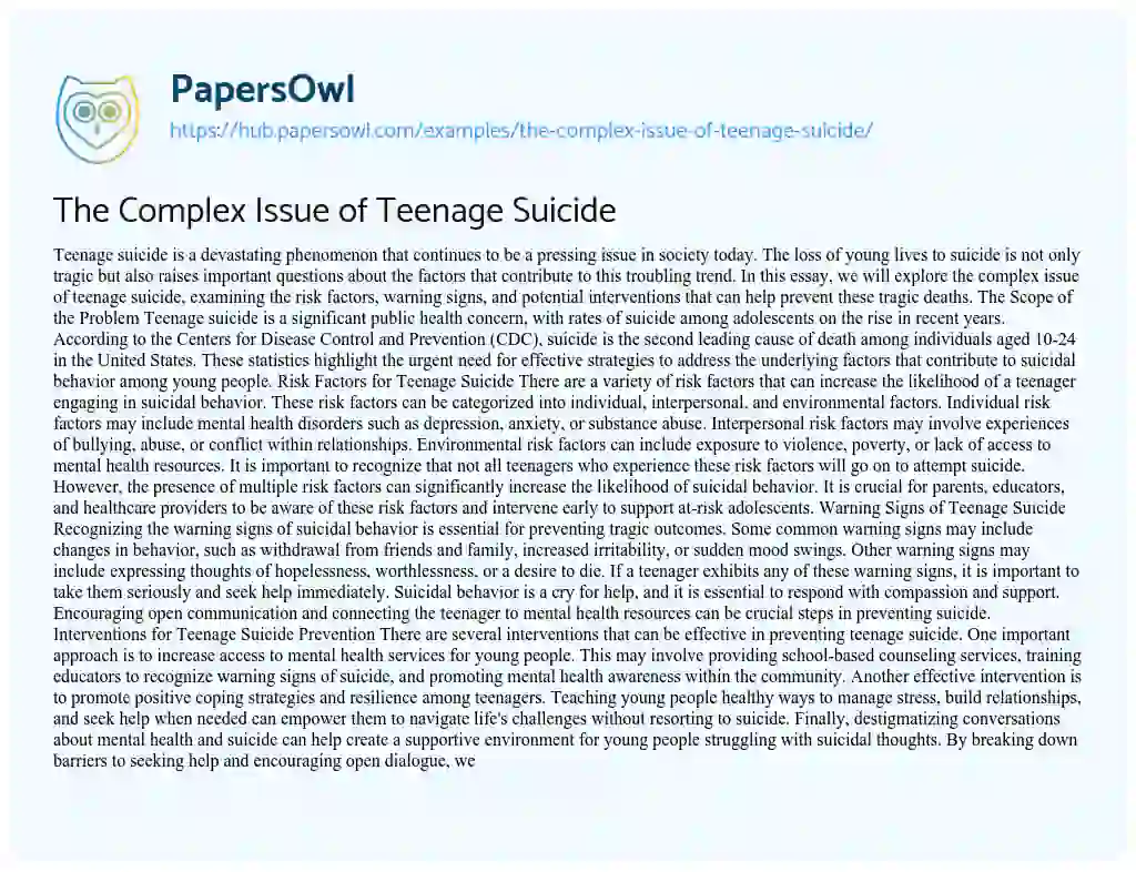 Essay on The Complex Issue of Teenage Suicide