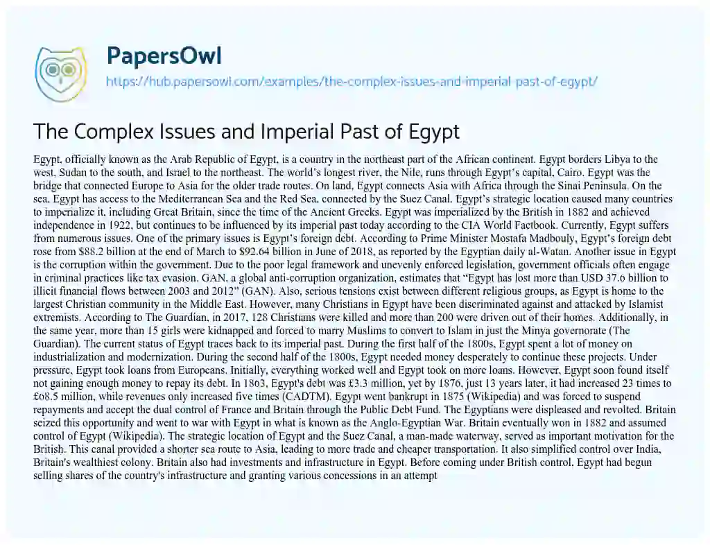 Essay on The Complex Issues and Imperial Past of Egypt