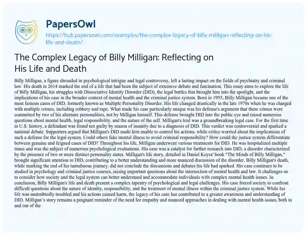 Essay on The Complex Legacy of Billy Milligan: Reflecting on His Life and Death