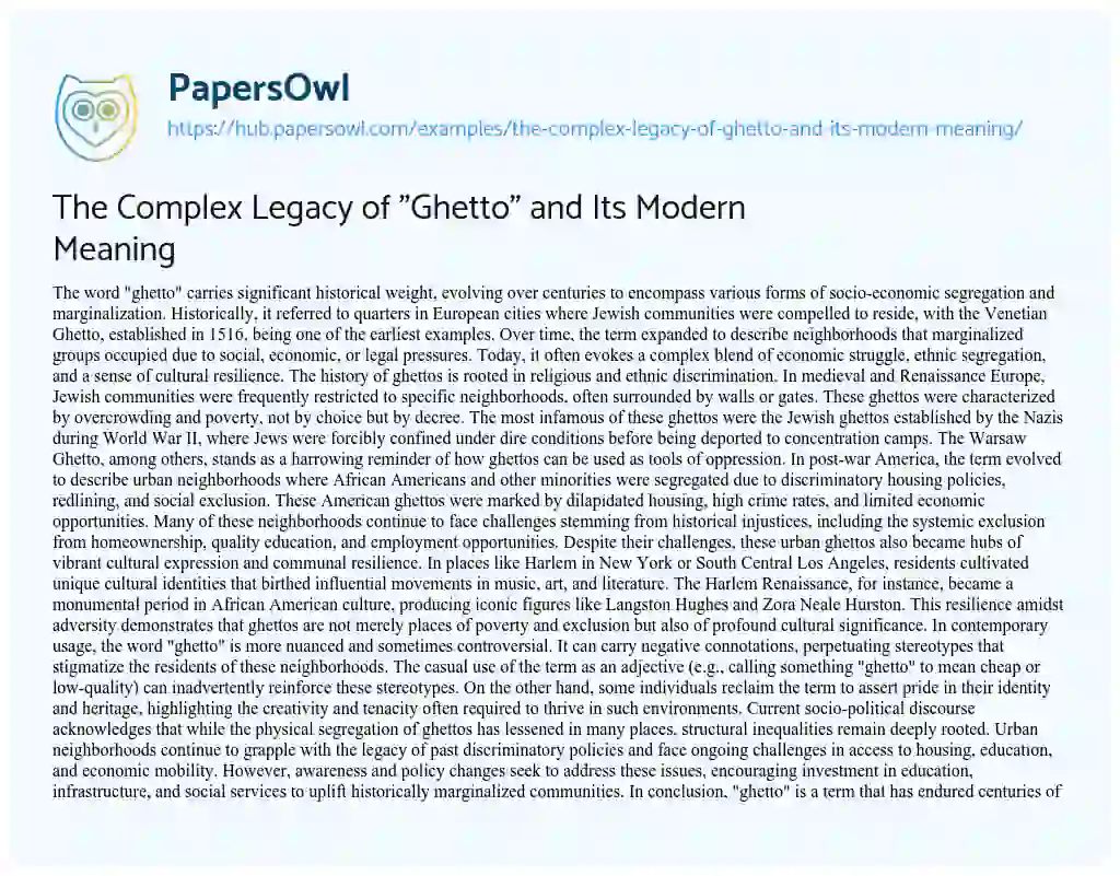 Essay on The Complex Legacy of “Ghetto” and Its Modern Meaning