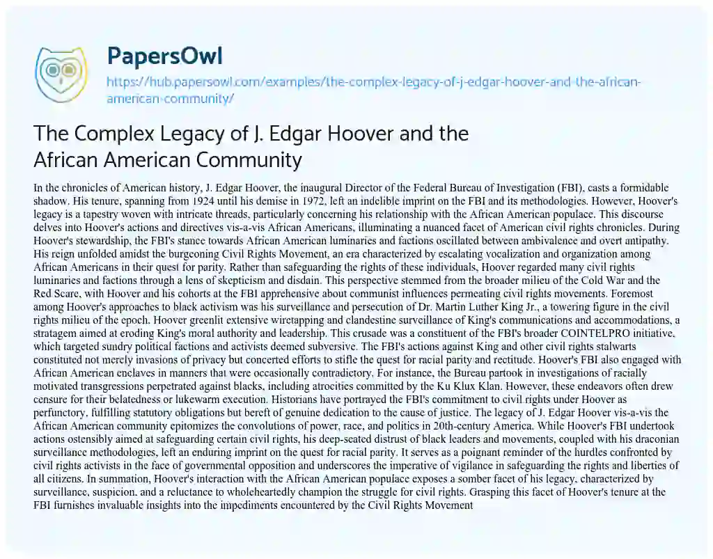 Essay on The Complex Legacy of J. Edgar Hoover and the African American Community