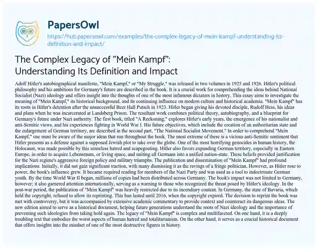 Essay on The Complex Legacy of “Mein Kampf”: Understanding Its Definition and Impact