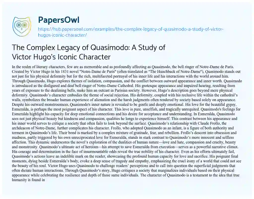 Essay on The Complex Legacy of Quasimodo: A Study of Victor Hugo’s Iconic Character