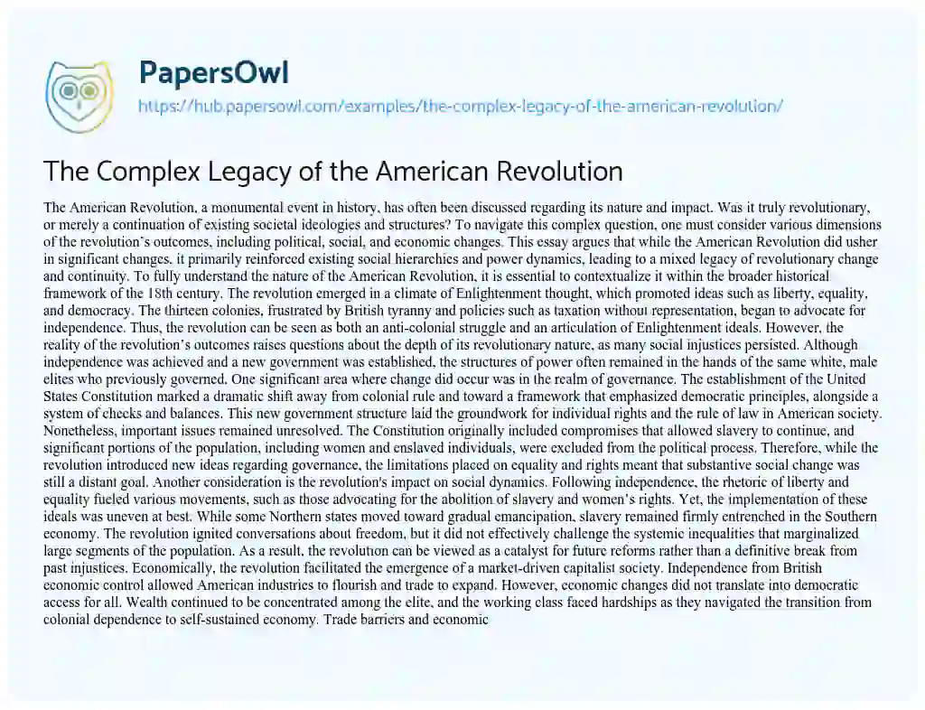 Essay on The Complex Legacy of the American Revolution