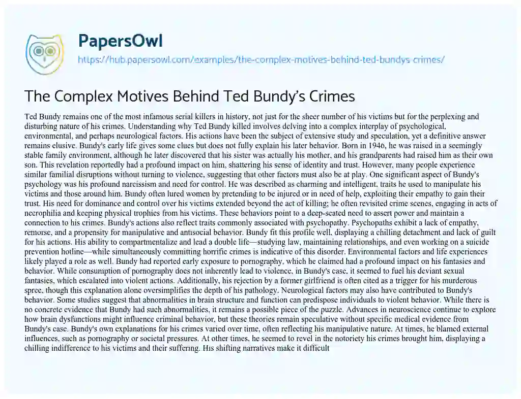 Essay on The Complex Motives Behind Ted Bundy’s Crimes
