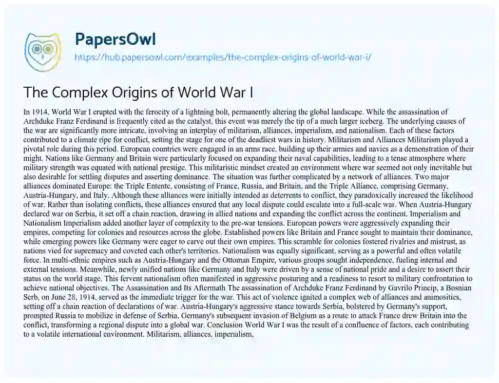 Essay on The Complex Origins of World War I