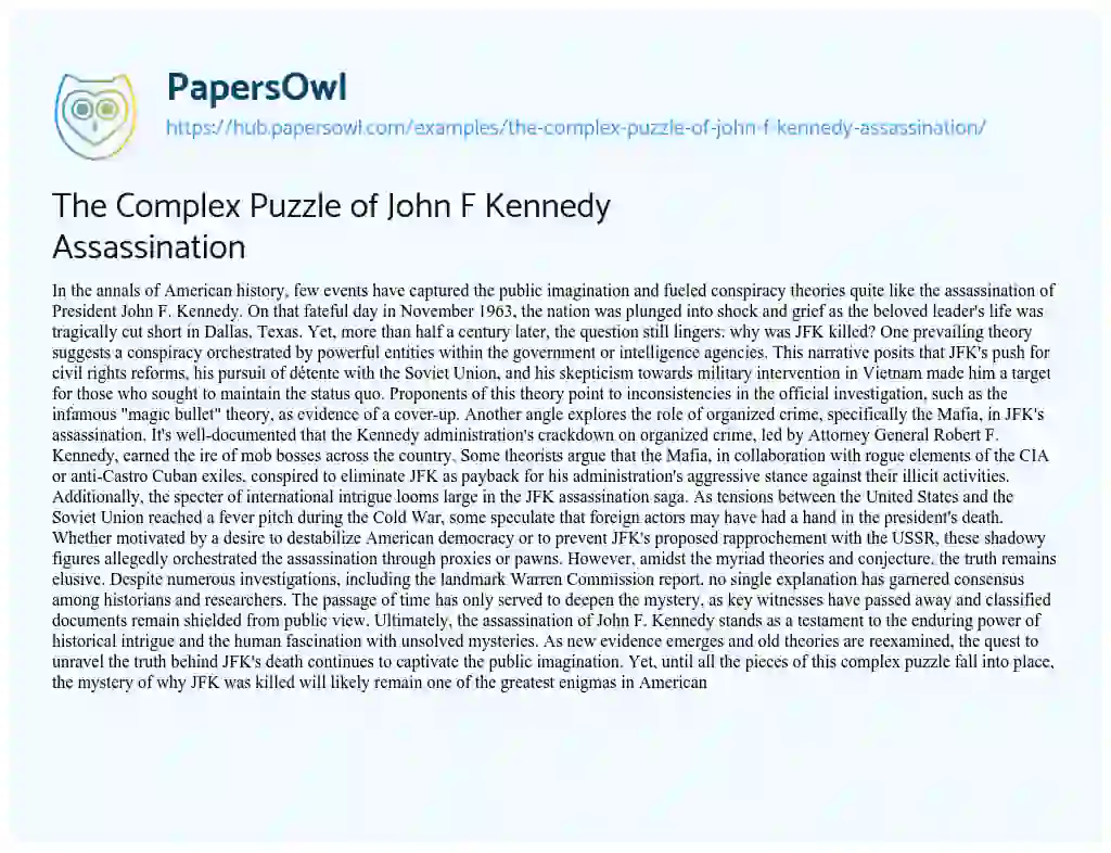 Essay on The Complex Puzzle of John F Kennedy Assassination
