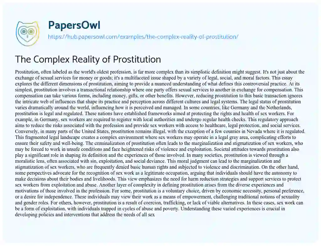Essay on The Complex Reality of Prostitution