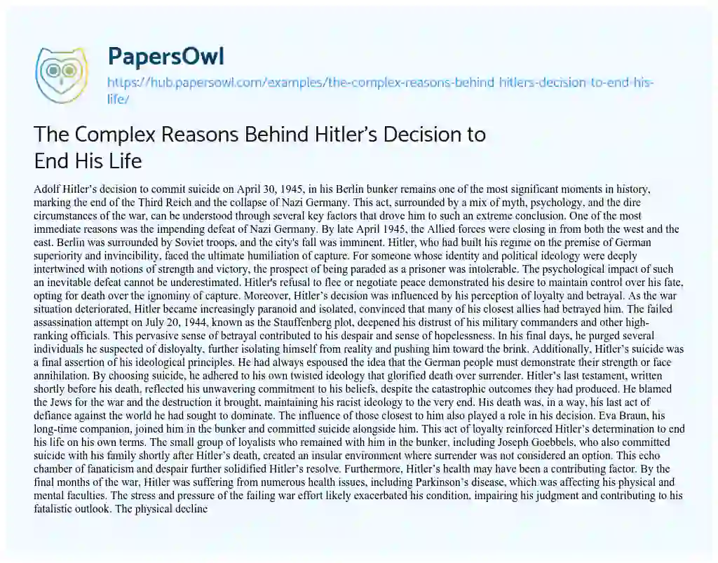 Essay on The Complex Reasons Behind Hitler’s Decision to End His Life