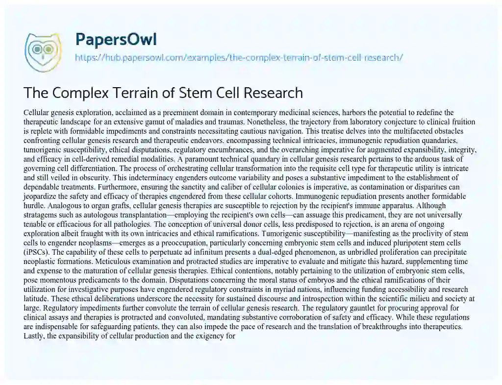 Essay on The Complex Terrain of Stem Cell Research