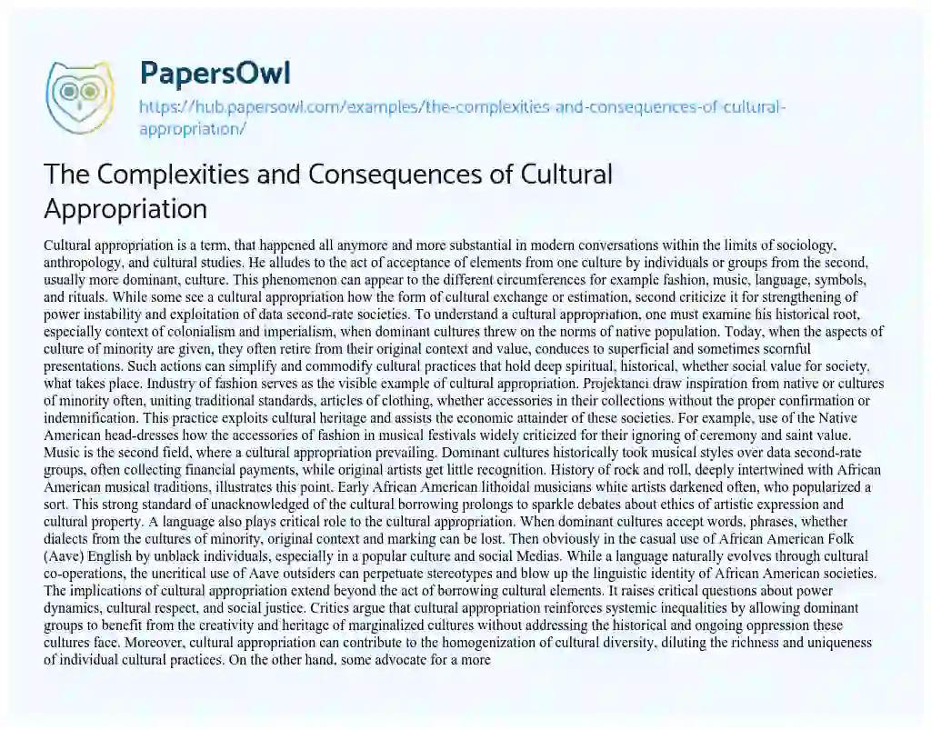 Essay on The Complexities and Consequences of Cultural Appropriation