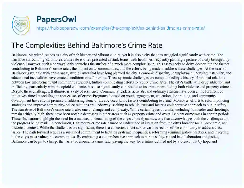 Essay on The Complexities Behind Baltimore’s Crime Rate