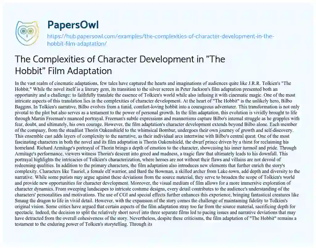 Essay on The Complexities of Character Development in “The Hobbit” Film Adaptation