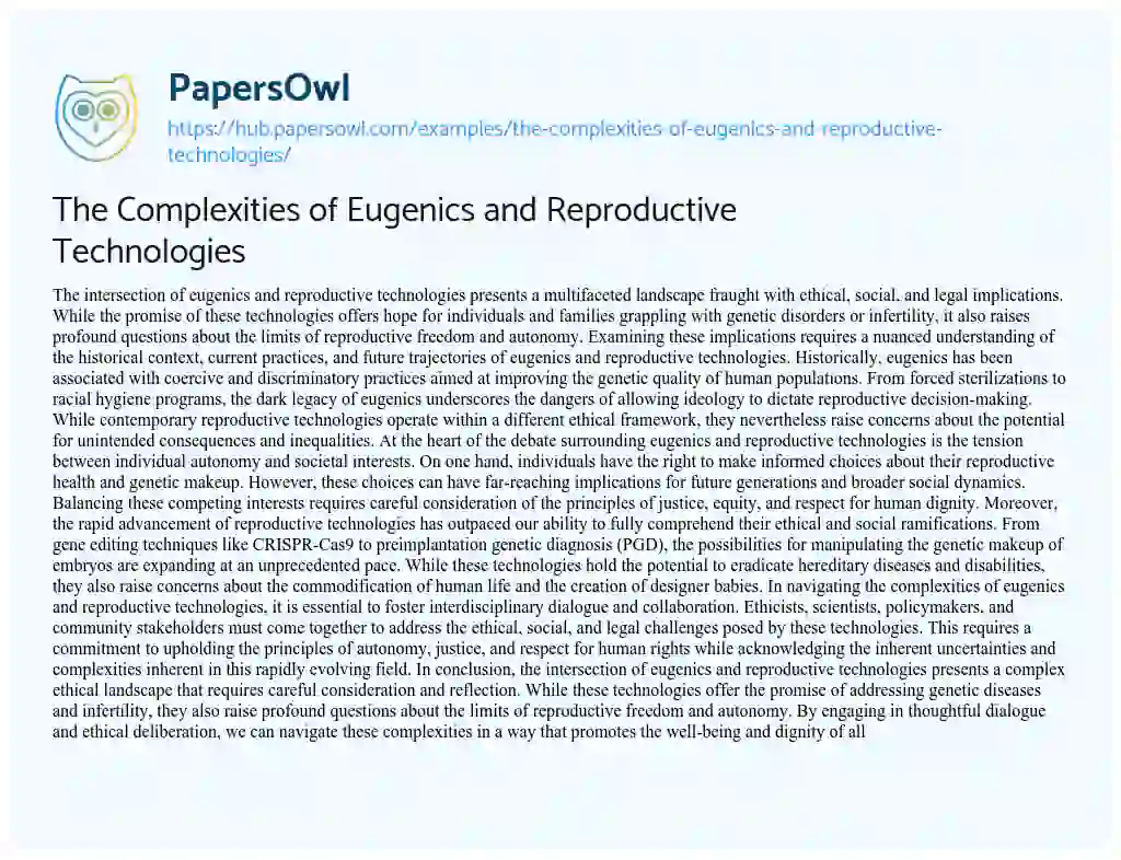 Essay on The Complexities of Eugenics and Reproductive Technologies