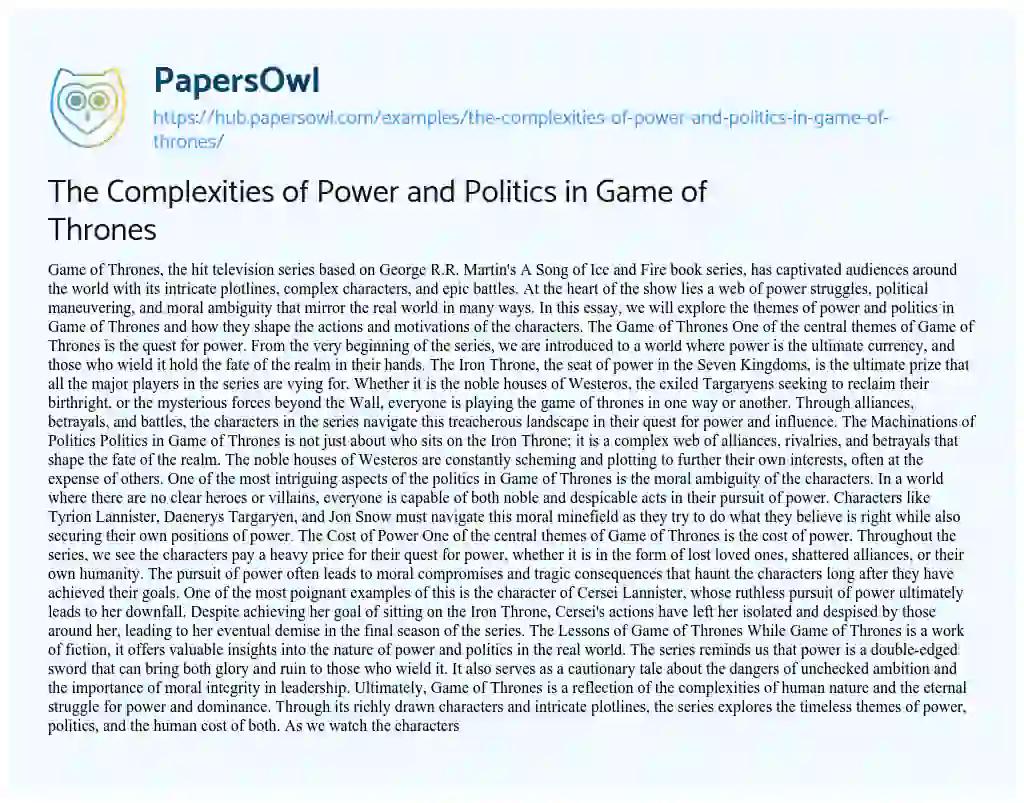 Essay on The Complexities of Power and Politics in Game of Thrones