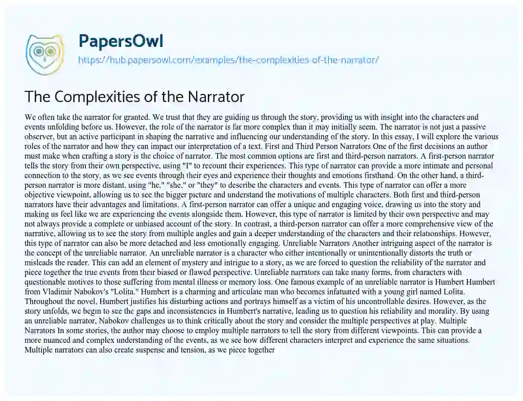 Essay on The Complexities of the Narrator