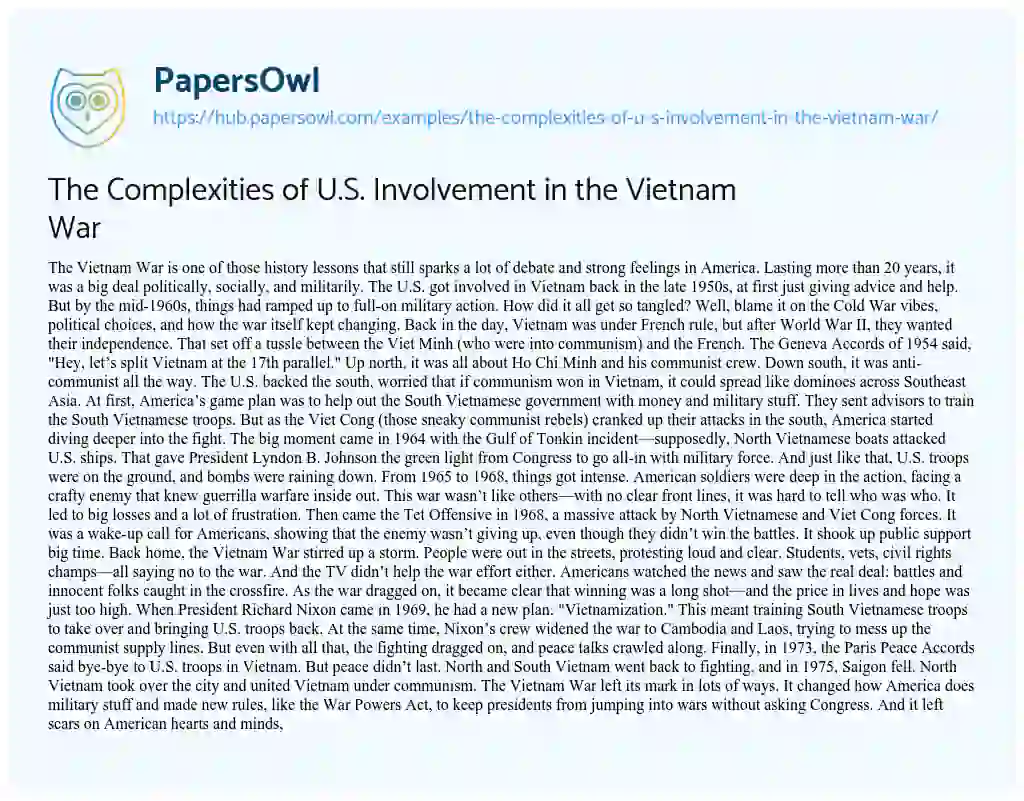 Essay on The Complexities of U.S. Involvement in the Vietnam War