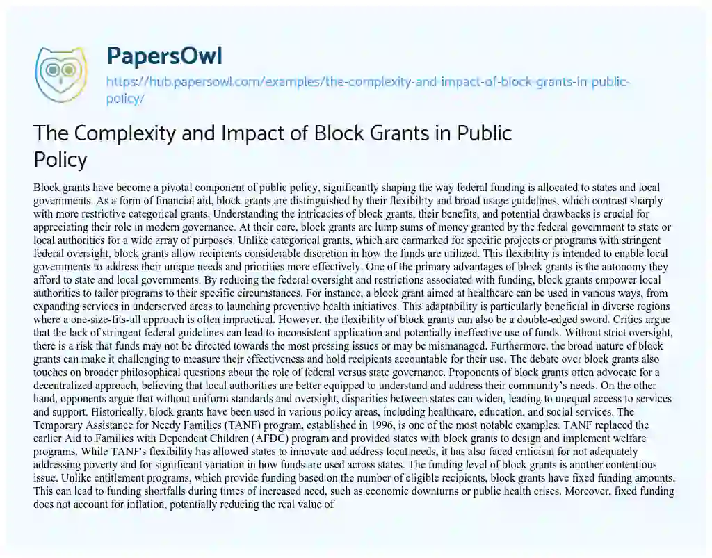 Essay on The Complexity and Impact of Block Grants in Public Policy