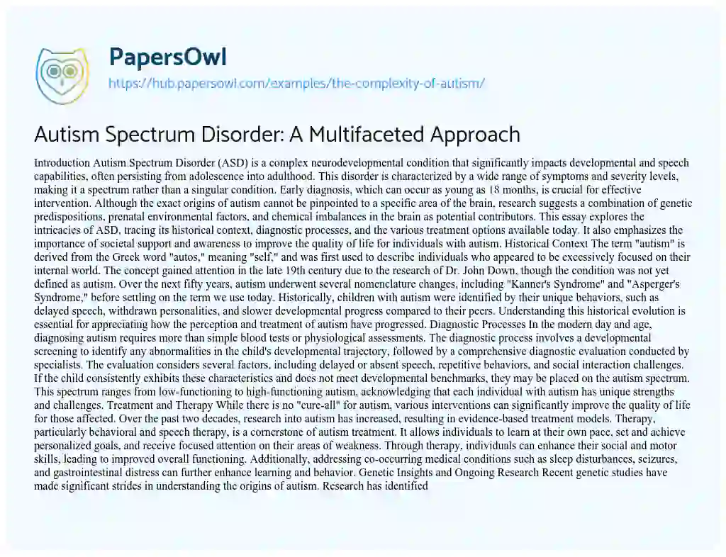 Essay on Autism Spectrum Disorder: A Multifaceted Approach