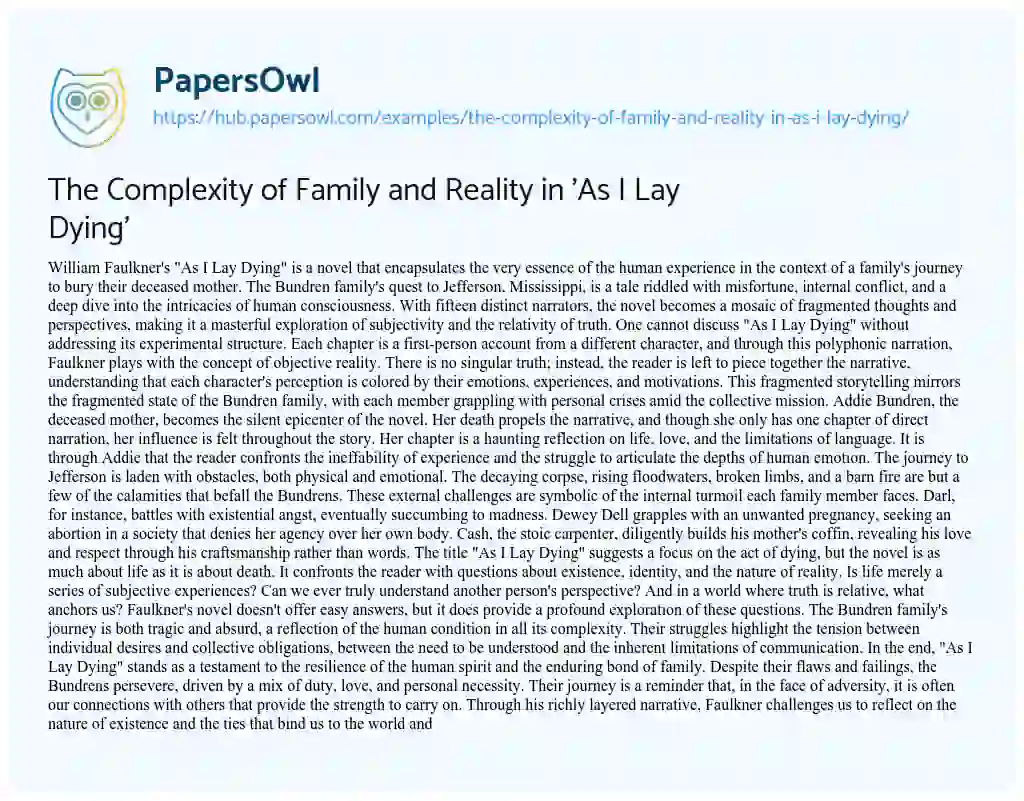 Essay on The Complexity of Family and Reality in ‘As I Lay Dying’