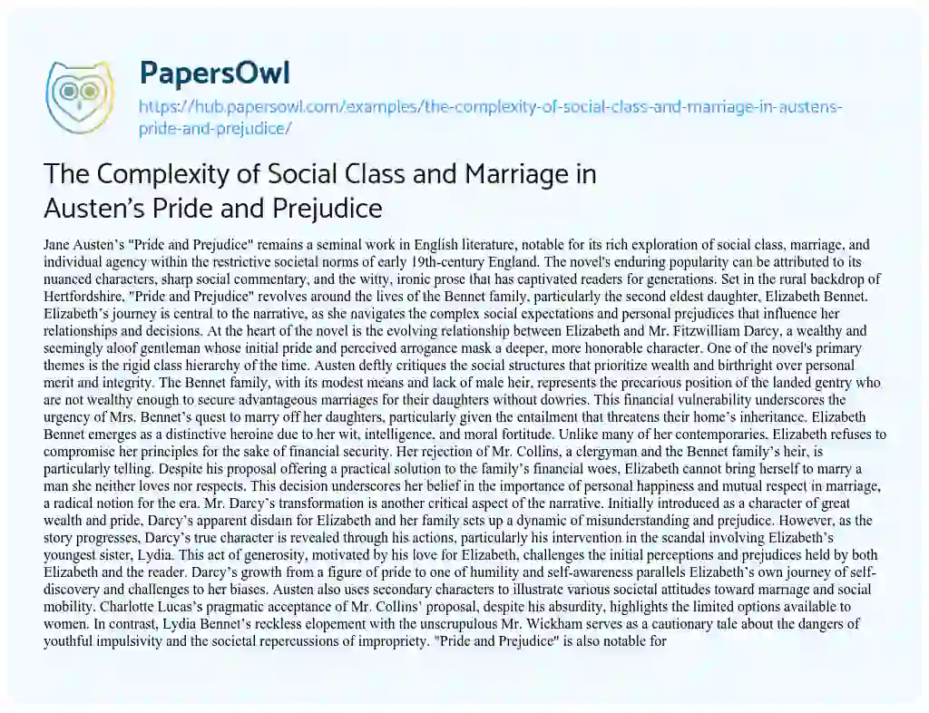 Essay on The Complexity of Social Class and Marriage in Austen’s Pride and Prejudice