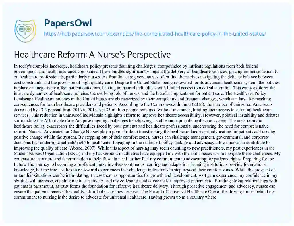 Essay on Healthcare Reform: A Nurse’s Perspective