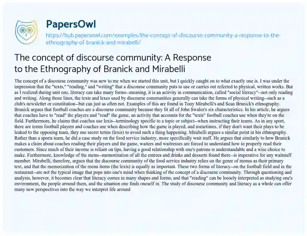 Essay on The concept of discourse community: A Response to the Ethnography of Branick and Mirabelli