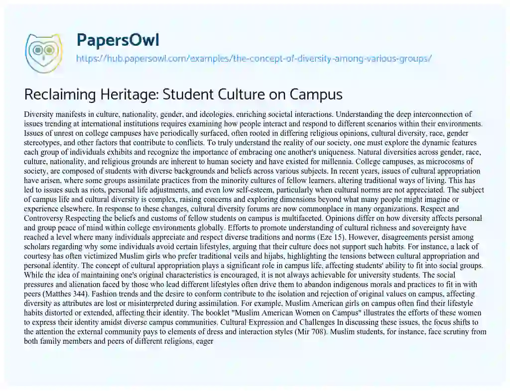 Essay on Reclaiming Heritage: Student Culture on Campus