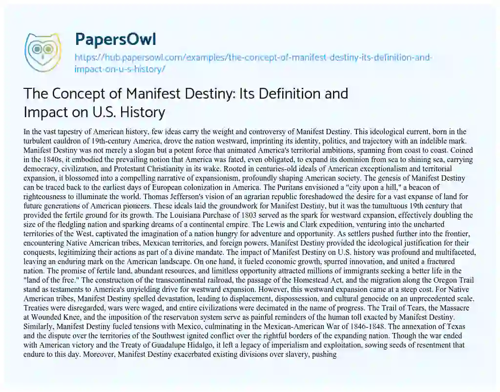 Essay on The Concept of Manifest Destiny: Its Definition and Impact on U.S. History