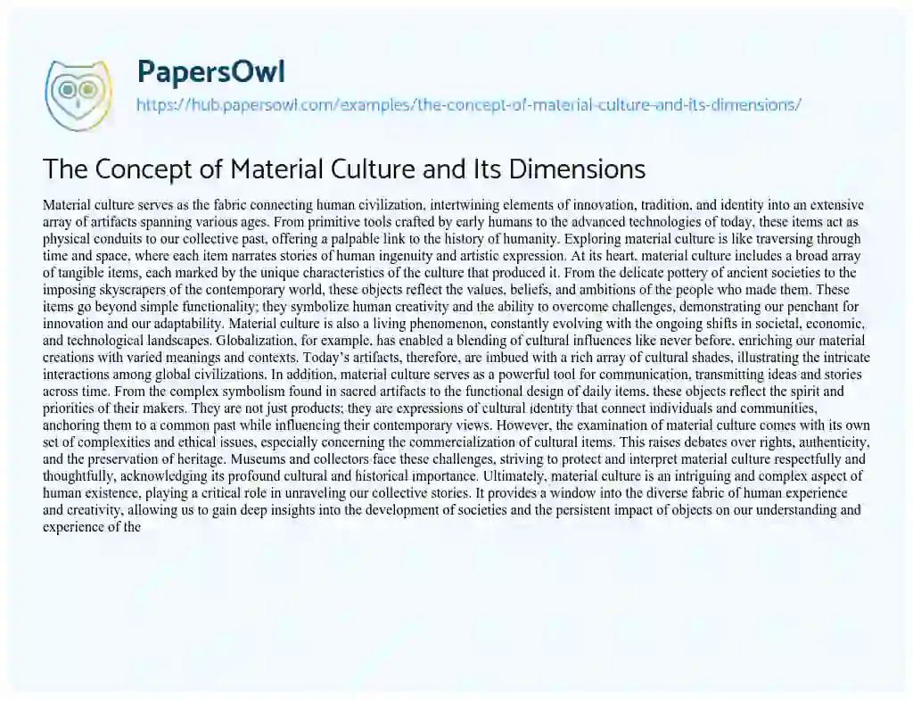 Essay on The Concept of Material Culture and Its Dimensions