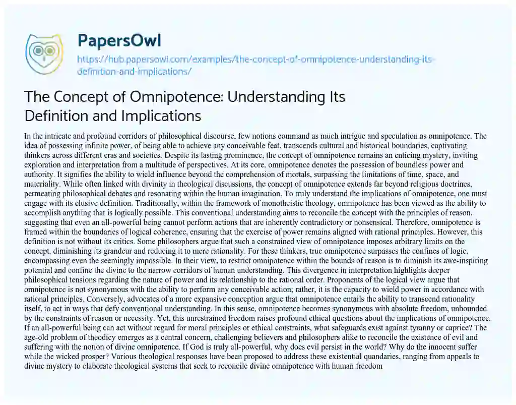 Essay on The Concept of Omnipotence: Understanding Its Definition and Implications