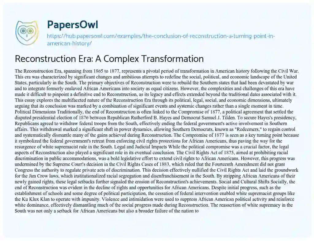 Essay on Reconstruction Era: A Complex Transformation