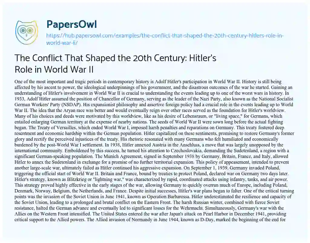 Essay on The Conflict That Shaped the 20th Century: Hitler’s Role in World War II
