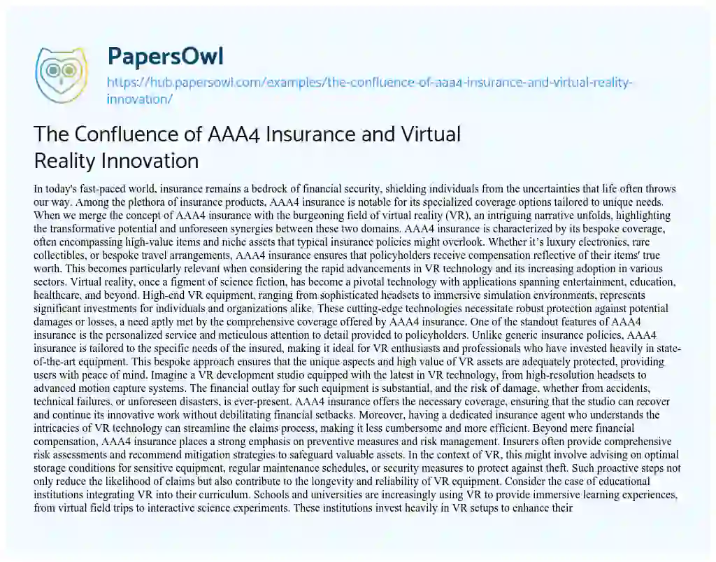 Essay on The Confluence of AAA4 Insurance and Virtual Reality Innovation