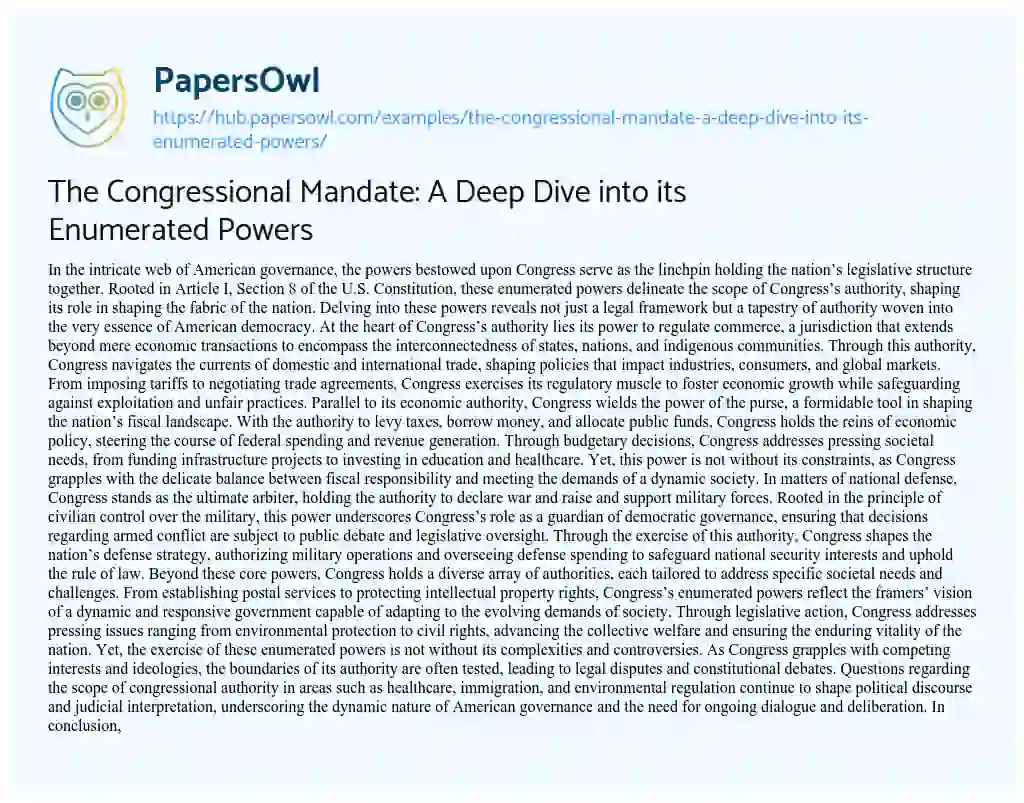 Essay on The Congressional Mandate: A Deep Dive into its Enumerated Powers