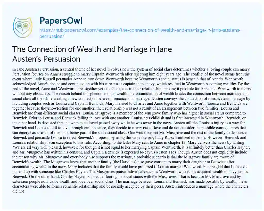 Essay on The Connection of Wealth and Marriage in Jane Austen’s Persuasion