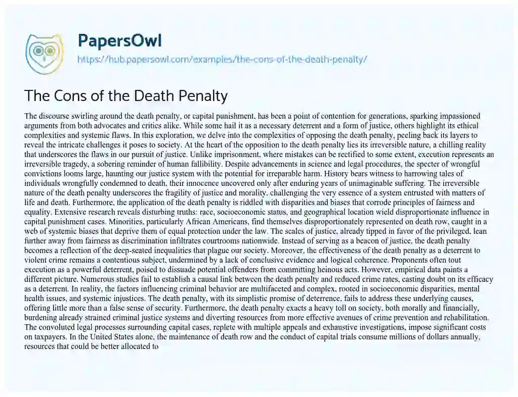 Essay on The Cons of the Death Penalty