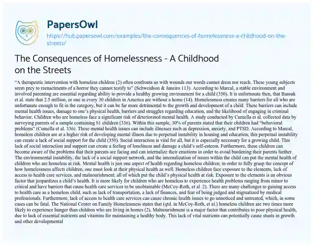 Essay on The Consequences of Homelessness – A Childhood on the Streets