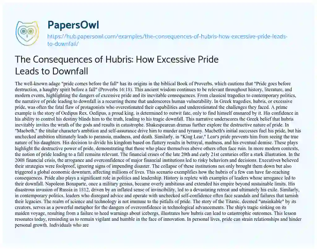 Essay on The Consequences of Hubris: How Excessive Pride Leads to Downfall
