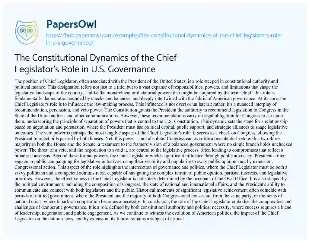 Essay on The Constitutional Dynamics of the Chief Legislator’s Role in U.S. Governance